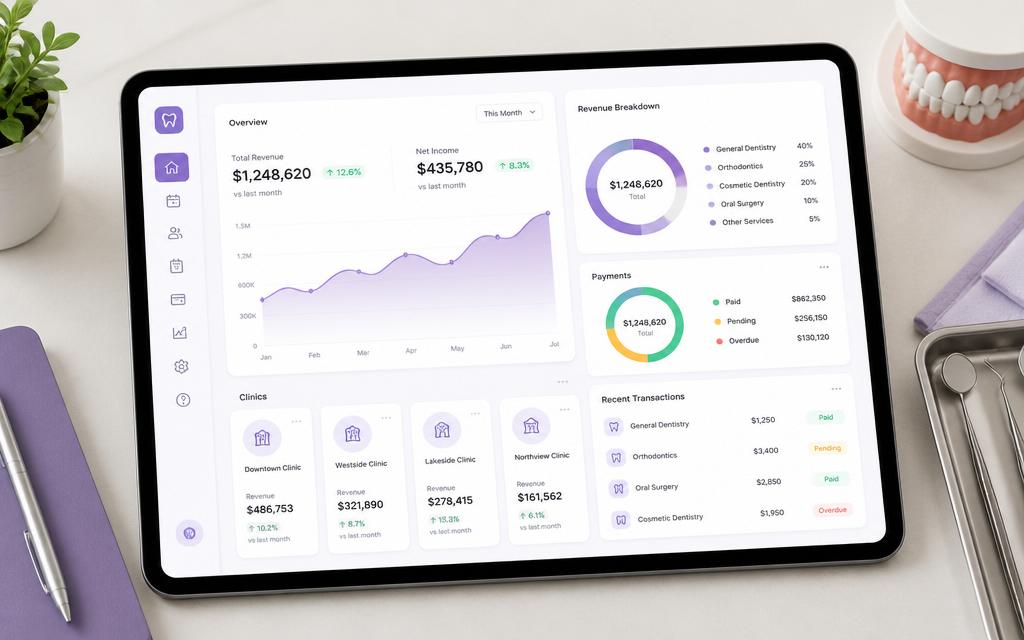 Dashboard financeiro do Odonto Ágil mostrando faturamento por clínica